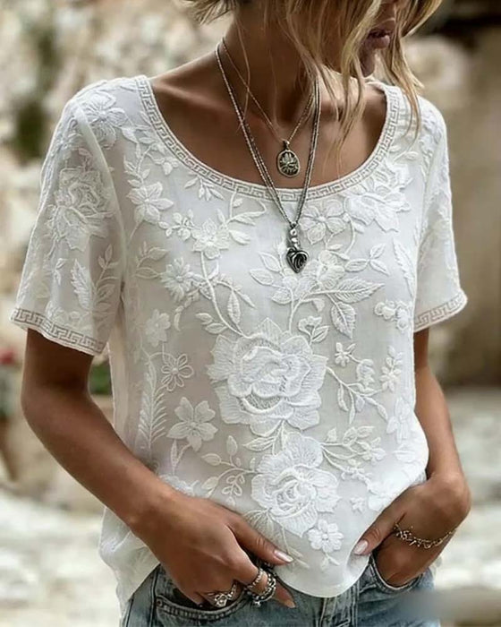 Bluse Rundhals Bestickt Spitze Patchwork