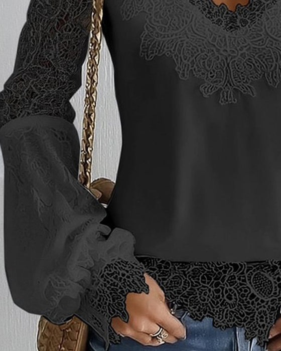 Top Patchwork langärmlig V-Ausschnitt