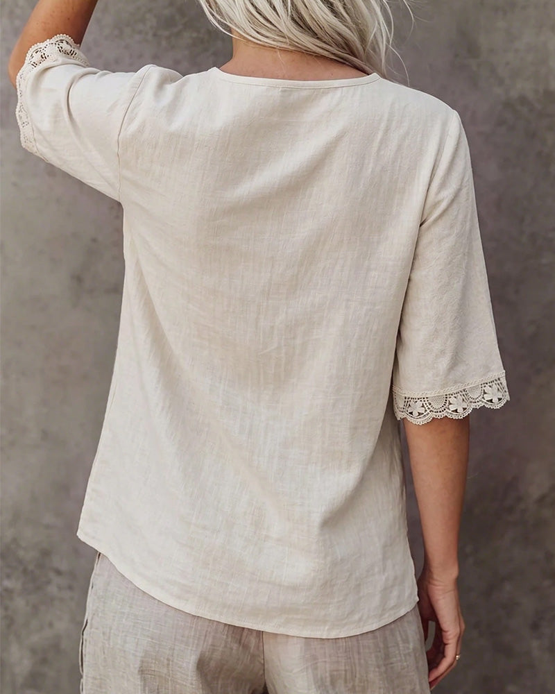 Bluse V-Ausschnitt Spitzen-Patchwork 3/4-Ärmel