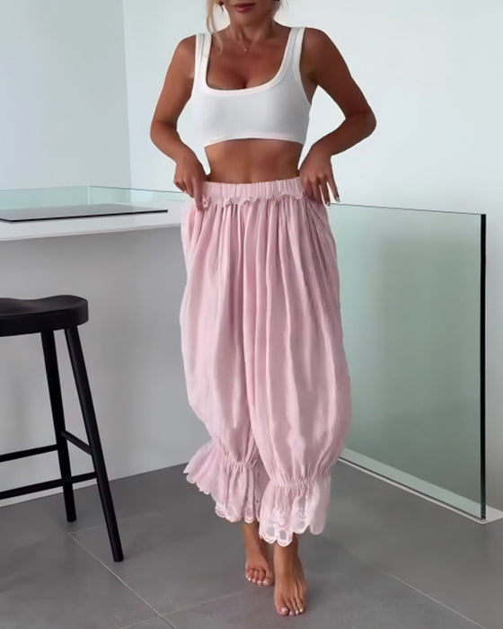 Hose Einfarbig Weit Bein Spitzenbesatz Aufgeschlagener Saum