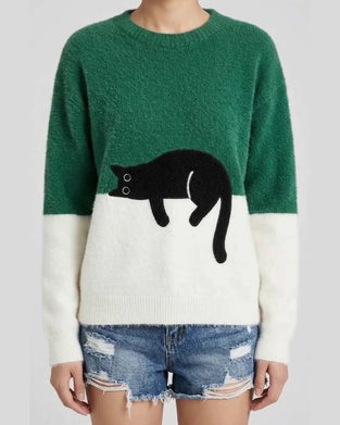 Pullover Rundhals Kontrastfarbe Katze
