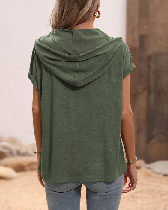 Casual T-Shirt Mit Kapuze, Ziehriemen Und Kurzen Ärmeln