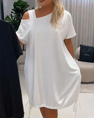 Kleid Unifarben Off-Shoulder Kordelzug Lässig