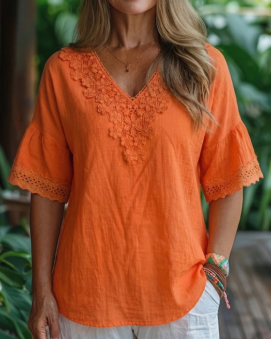 Bluse Spitze Hollow Out V-Ausschnitt
