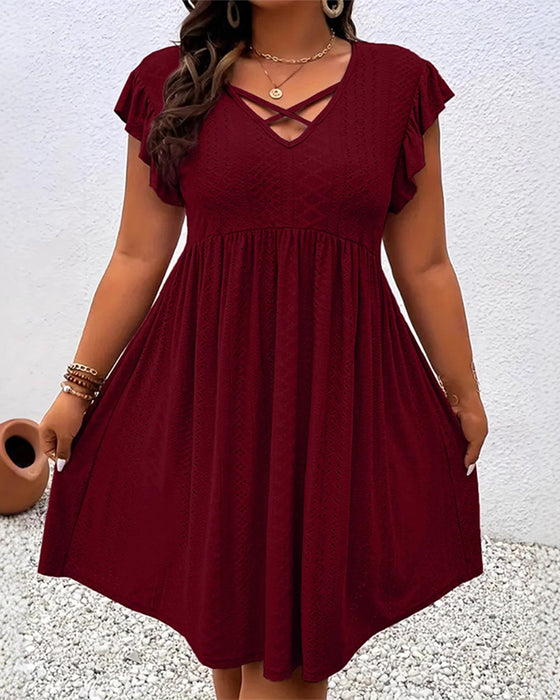 Kleid Einfarbig Durchbrochener Lotusblätterärmel