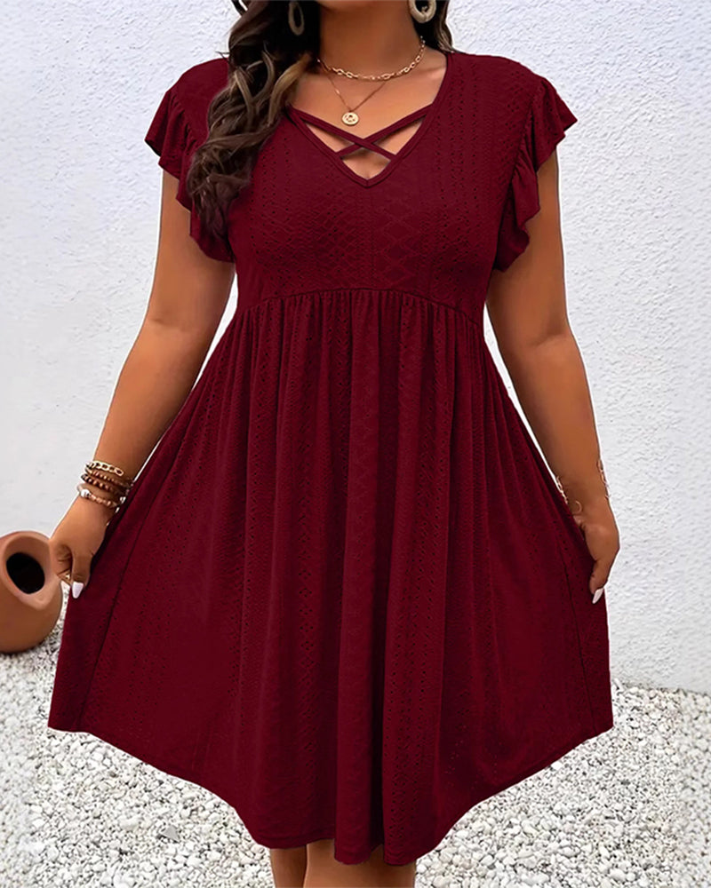 Kleid Einfarbig Durchbrochener Lotusblätterärmel