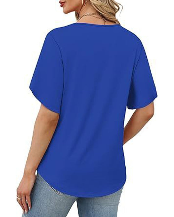 T-Shirt V-Ausschnitt Kleiner Schlitz Kurzarm Einfarbig