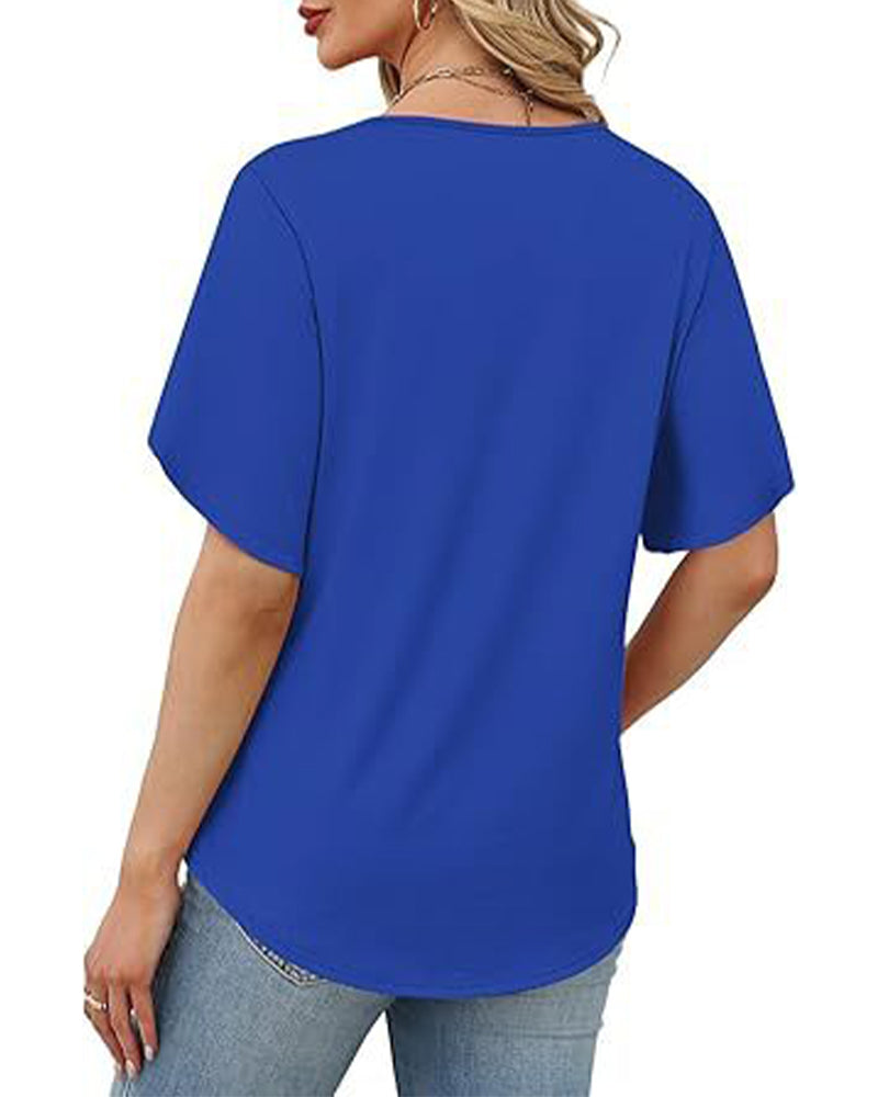T-Shirt V-Ausschnitt Kleiner Schlitz Kurzarm Einfarbig