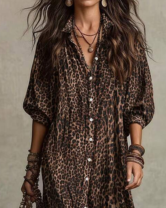 Kleid Hemdkragen Leopard
