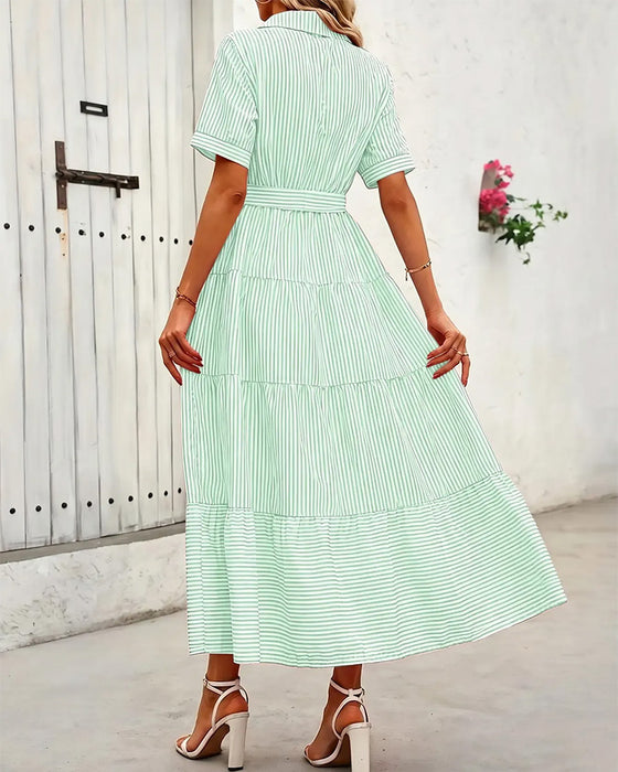 Kleid Gestreift Tailliert Gestuft Hemd Maxi