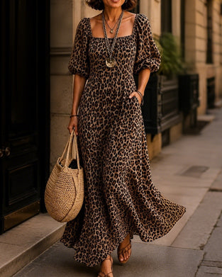 Kleid Quadratischer Ausschnitt Leopard Mode