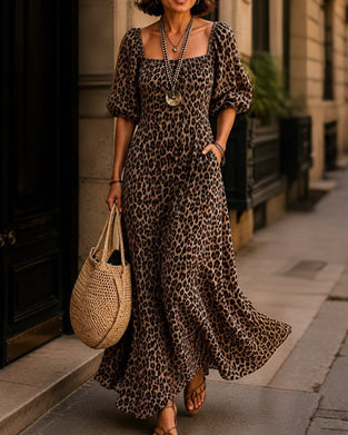 Kleid Quadratischer Ausschnitt Leopard Mode
