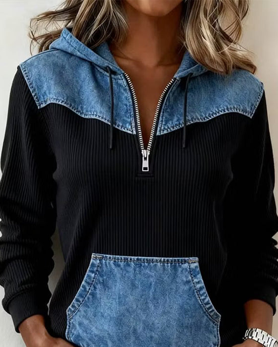 Kapuzenpullover Reißverschluss Denim Patchwork