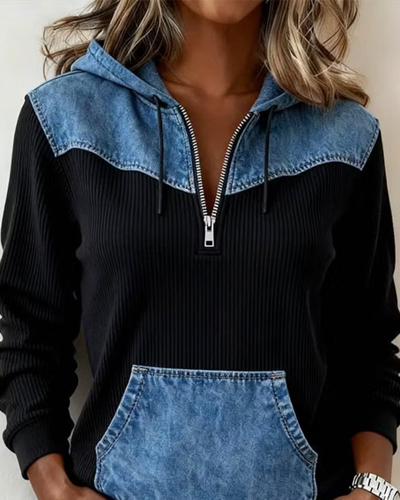 Kapuzenpullover Reißverschluss Denim Patchwork