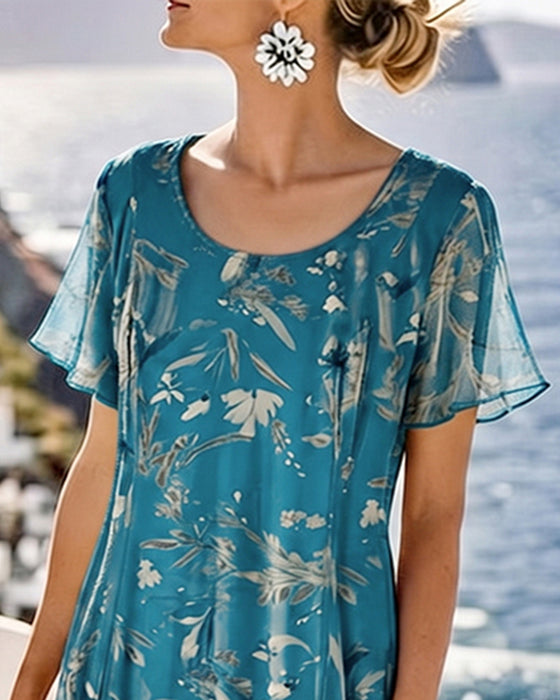 Kleid Blumig Rundhals Maxi