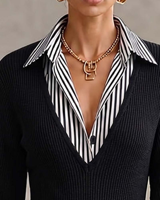 Kleid Revers Streifen Langarm