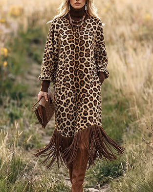 Kleid Leopardenmuster Fransenlaterne Ärmel