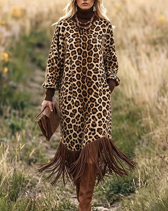 Kleid Leopardenmuster Fransenlaterne Ärmel