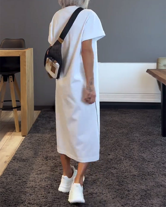 Kleid Rundhals Kontrastfarbe Schlitz Lässig