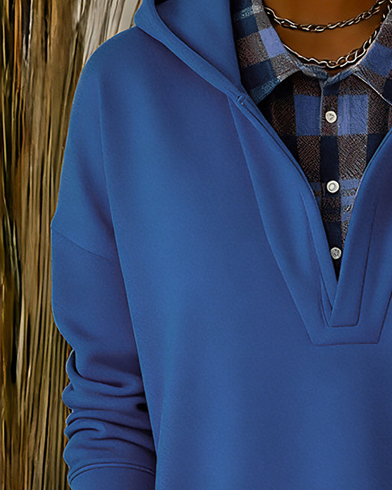 Kapuzenpullover Fake-Zweiteiler kariertes Patchwork