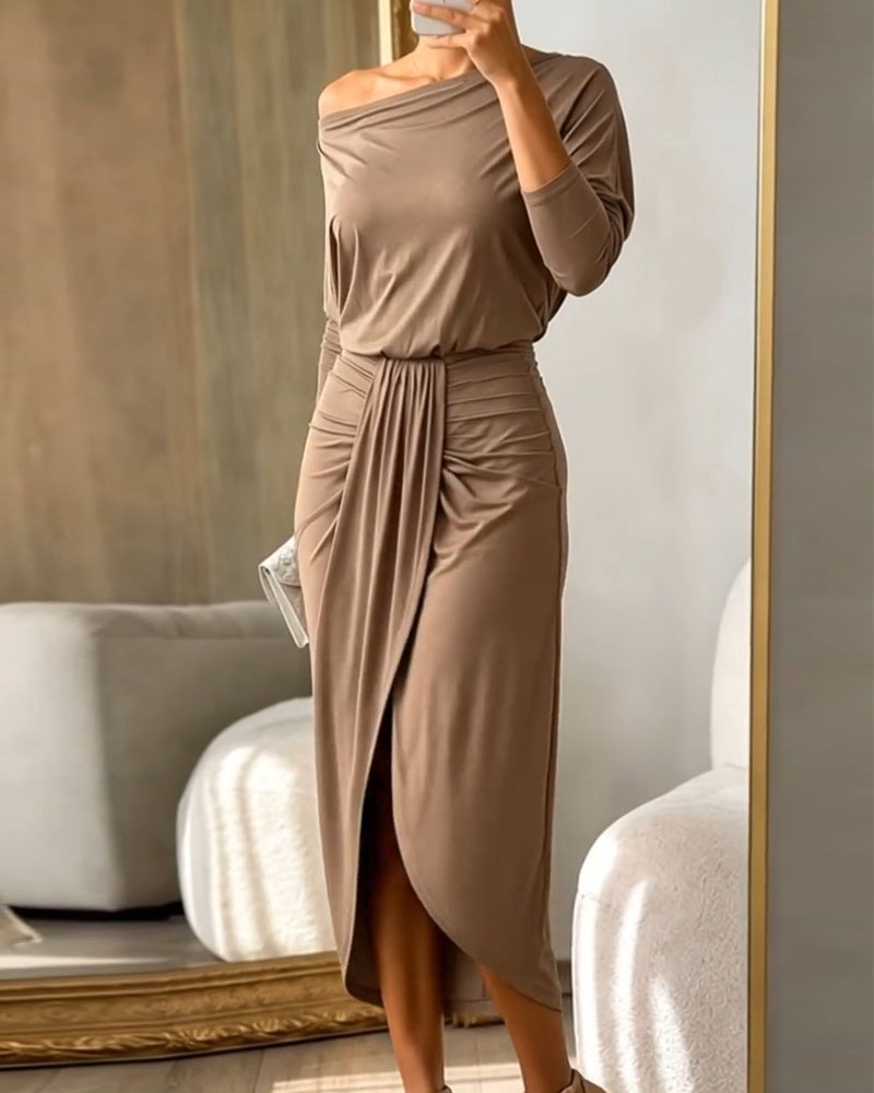 Kleid Ein-Schulter Fledermausärmel Hohe Taille Schlitz