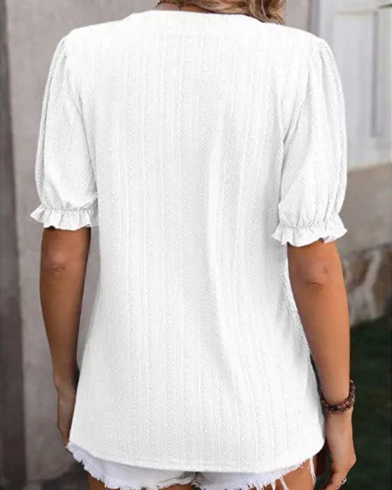 T-Shirts V-Ausschnitt Mini Mandarin Kragen Puff Ärmel