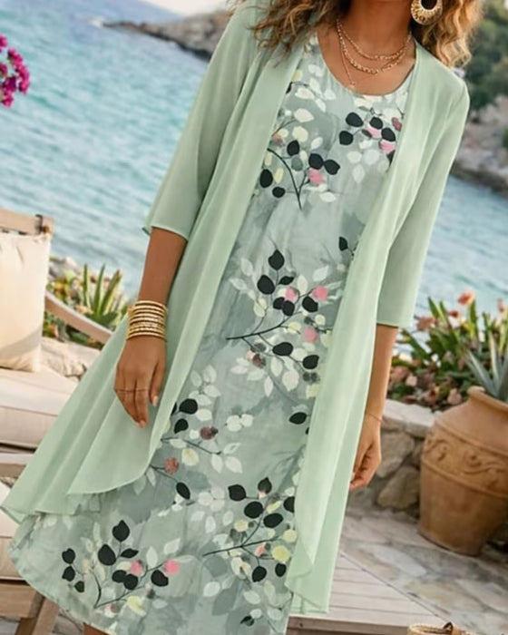 Set Tinte Grünes Blatt Ärmelloses Kleid Überwurf