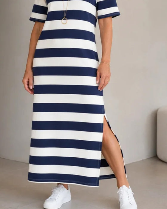 Kleid Gestreift Kurzarm Schlitz Lang T-Shirt