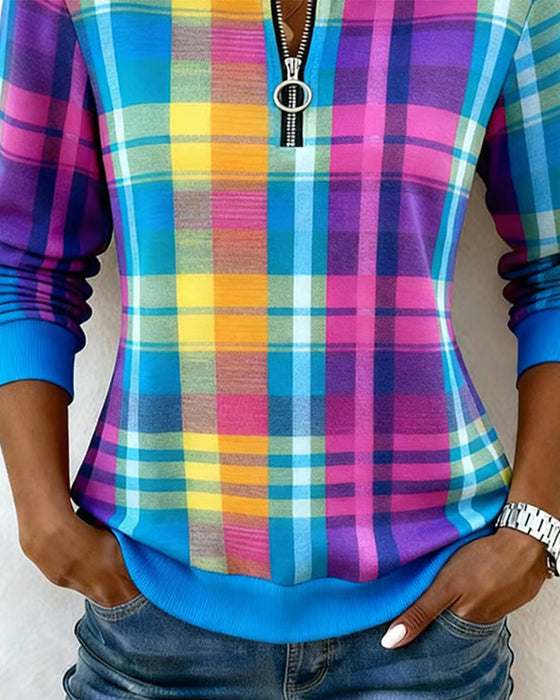 Farbiges Karo-Sweatshirt Mit Halb-Reißverschluss
