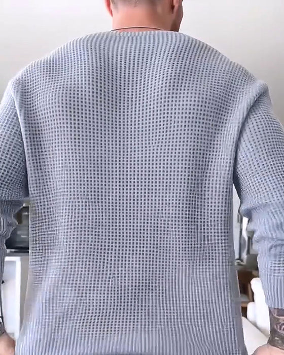 Pullover Herren Rundhalsausschnitt Waffel Langarm