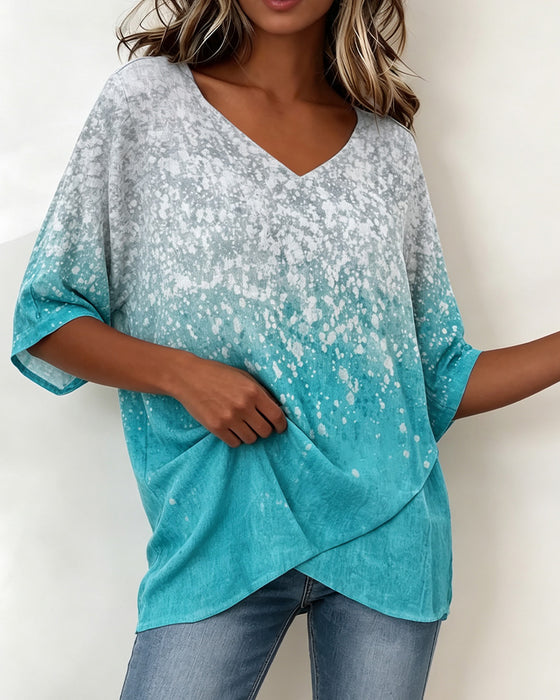 T-Shirt V-Ausschnitt Schneeflocke Gradient Saum Unregelmäßig