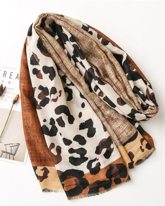 Damen Schal Leopard Patchwork Print Fransen Schal