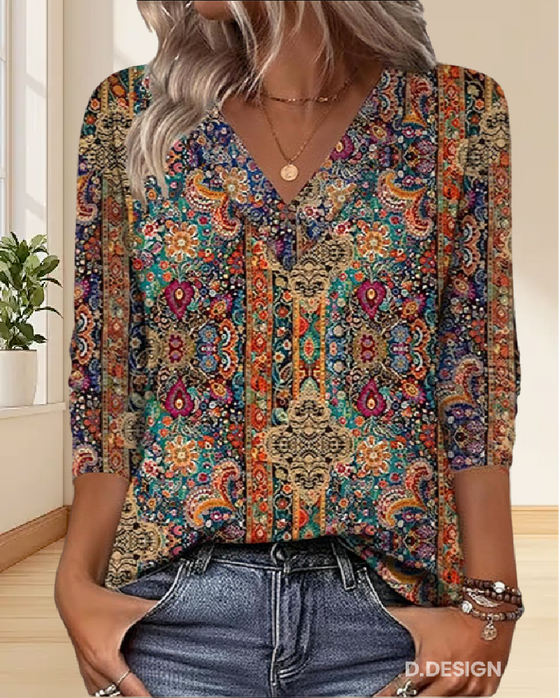 Bluse Retro Gedruckt V-Ausschnitt