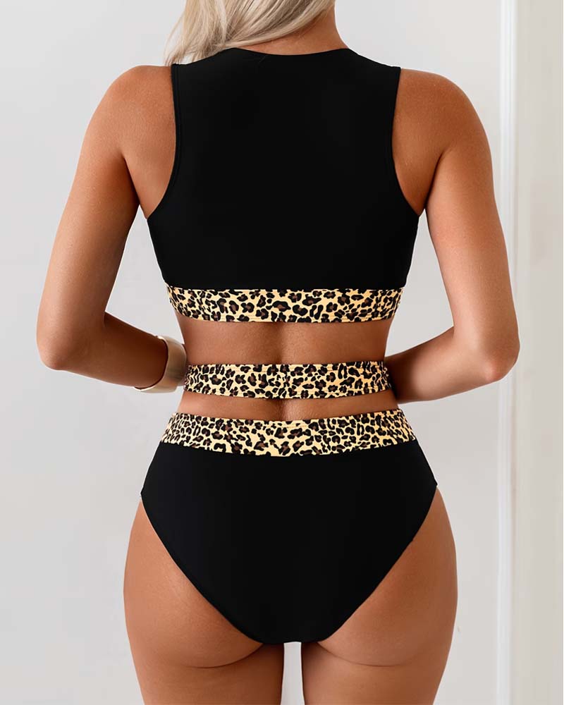 Bikini Leopard Patchwork Überkreuz Hohe Taille