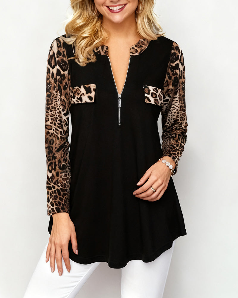 Langärmliges Sweatshirt mit Leopardenprint und Halbreißverschluss