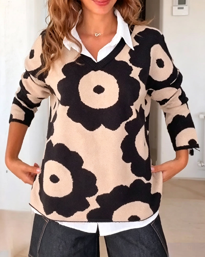 Pullover Blumenprint V-Ausschnitt