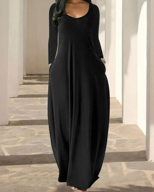 Kleid Rund-Hals Tasche Voll-Rock Langarm