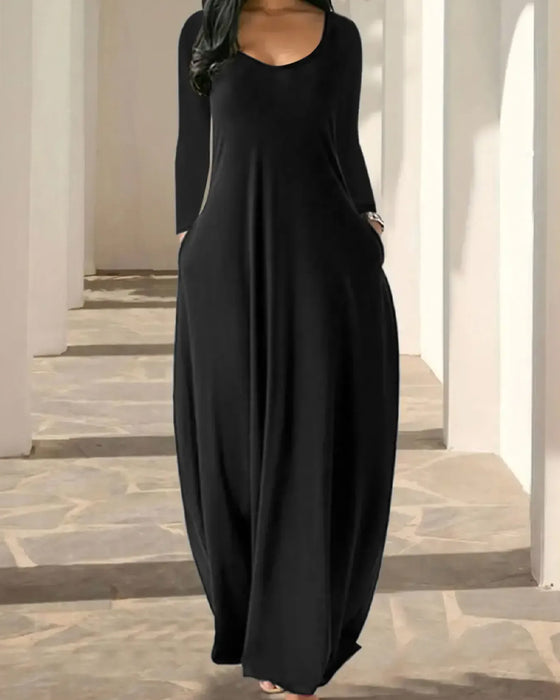 Kleid Rund-Hals Tasche Voll-Rock Langarm