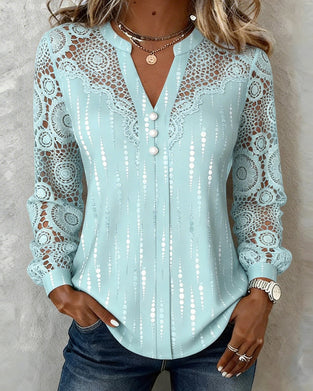 Bluse Einfarbig Paneeliert V-Ausschnitt Perlmuttknopf
