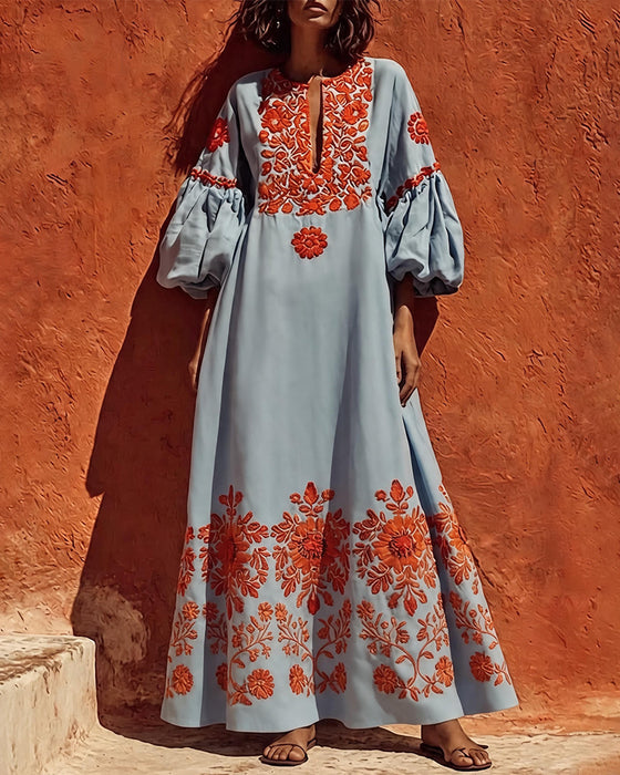 Kleid V-Ausschnitt Blumen Laterne Ärmel