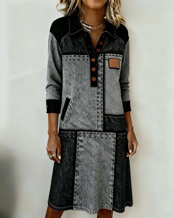 Kleid Knopf Revers V-Ausschnitt Colorblock Modisch