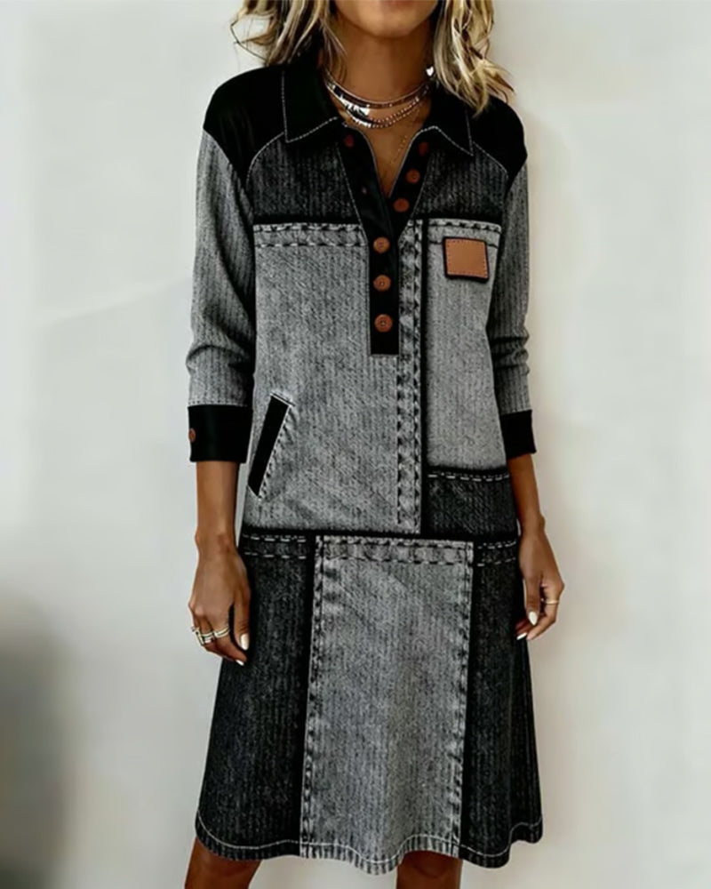 Kleid Knopf Revers V-Ausschnitt Colorblock Modisch