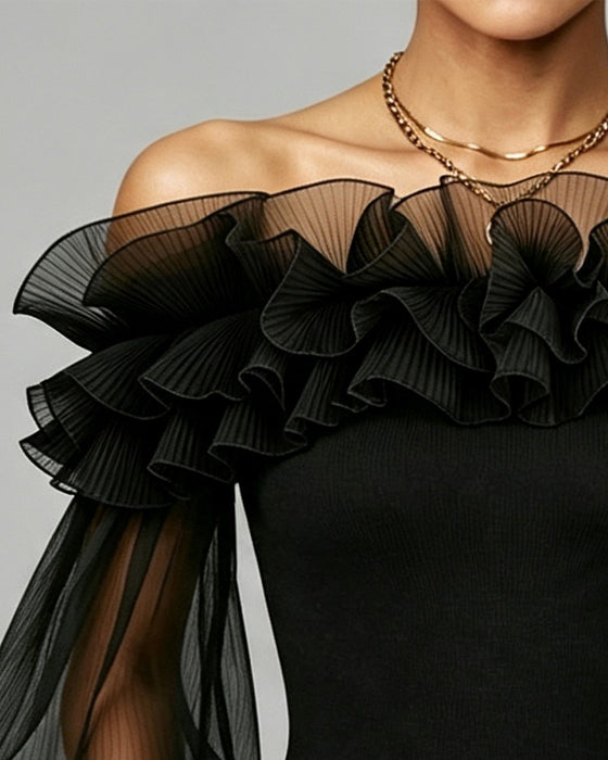 Top Off-Shoulder Mesh Rüschen Einfarbig