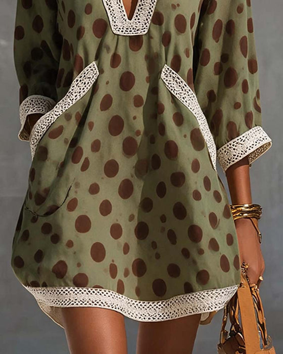 Kleid V-Ausschnitt Polka Dot Tasche