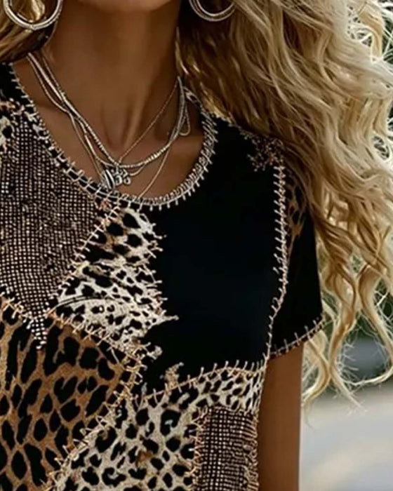 Bluse Rundhals Leopard Druck Kontrast Kurzarm