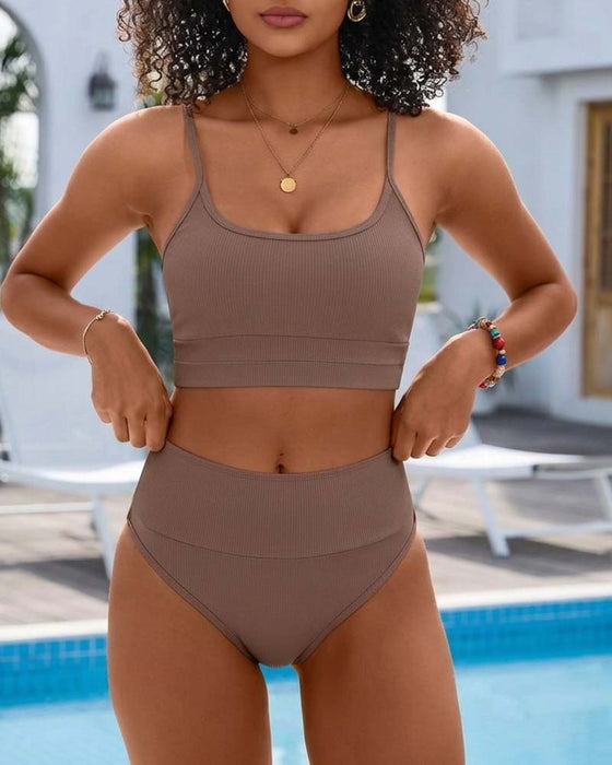 Bikini Unifarben U Ausschnitt Hohe Taille
