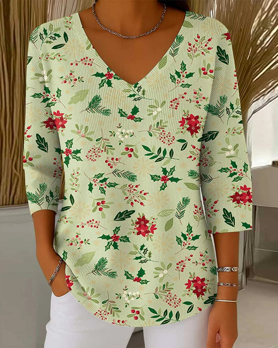 Damen Stricktop mit Weihnachtsdruck, V-Ausschnitt, 3/4-Ärmeln, Casual-Stil und lockerer Passform
