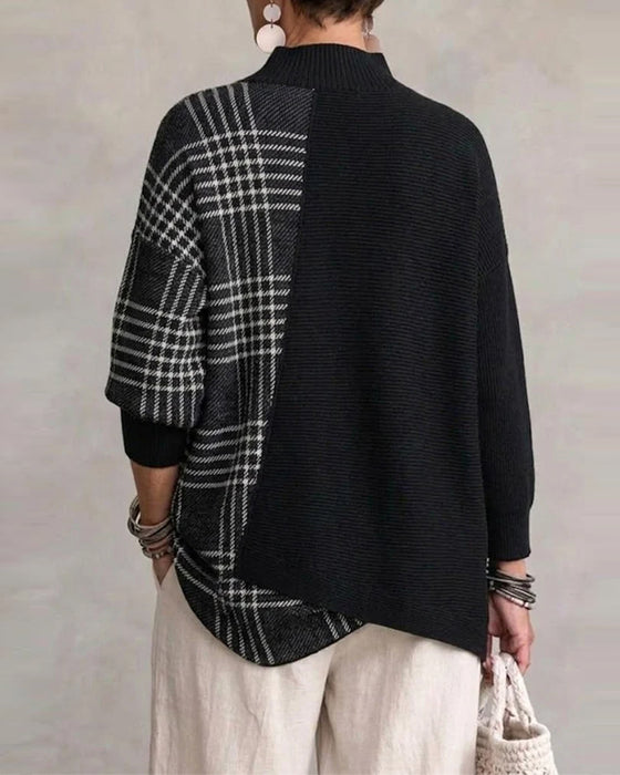 Pullover Hoher Kragen Unregelmäßig Linie Locker