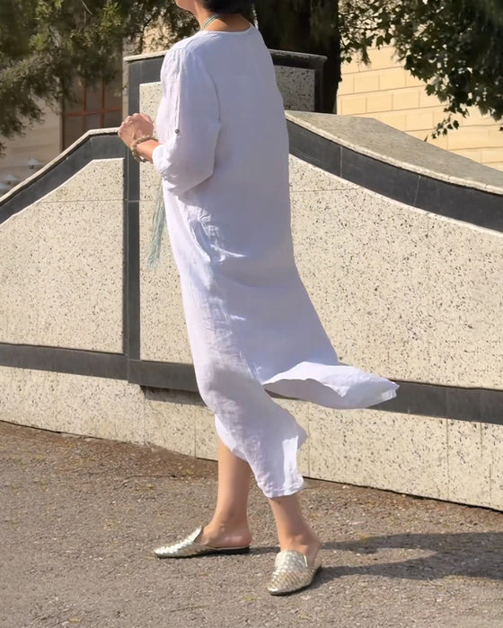 Kleid Rundhals Uni Ellenbogenlang Ärmel Locker
