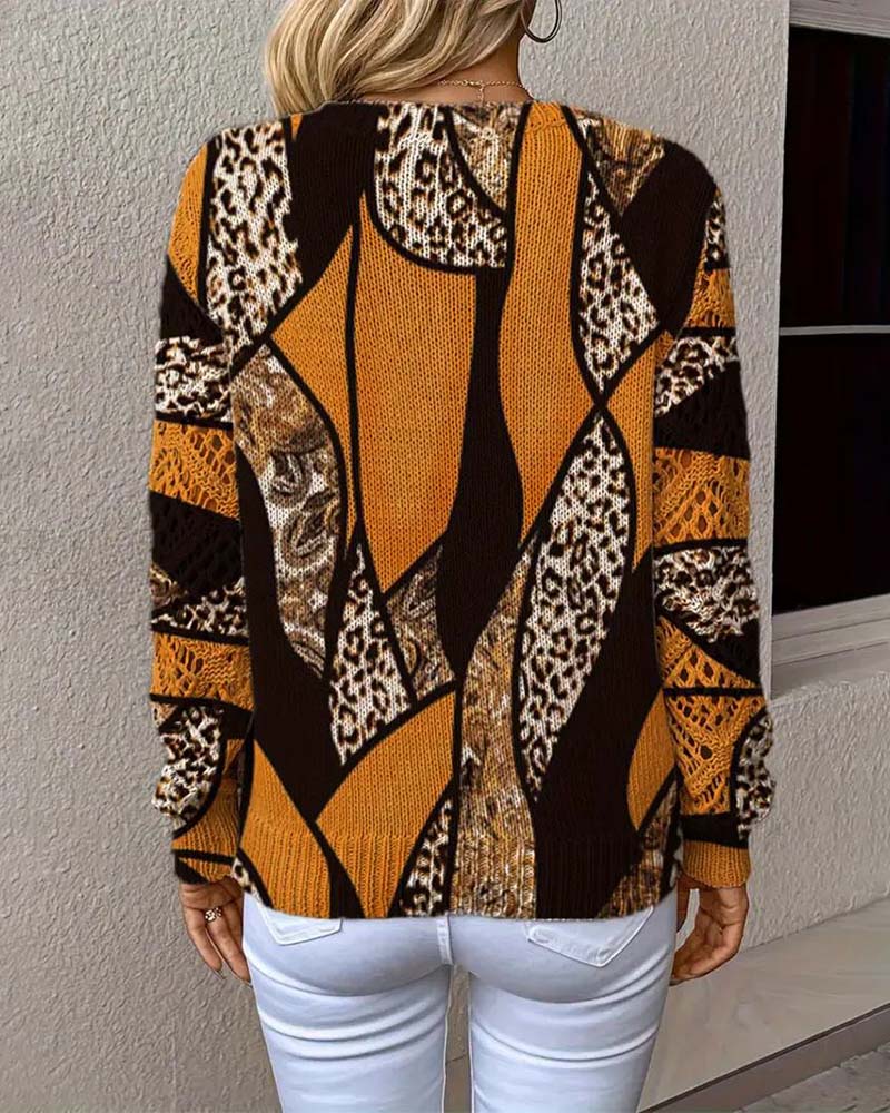 Pullover mit V-Ausschnitt und Loch-Leopardenprint